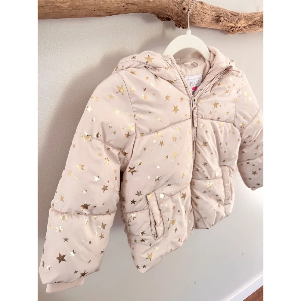 The Childrens Place Girls Puffer Jacket Pink Gold Metallic Stars Hooded Coat 4T